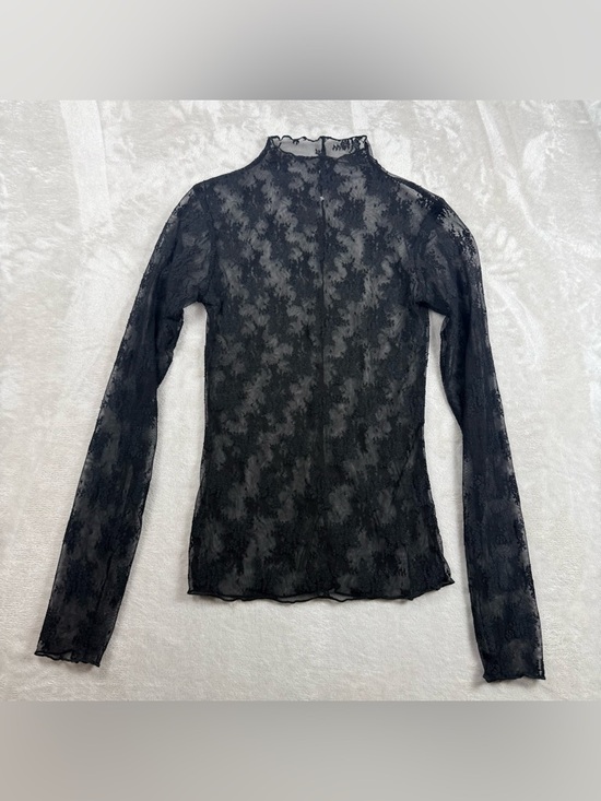Tops - Sheer Black Lace Mesh Long Sleeve Top Mock Neck Y2K Goth Layering Top Size S